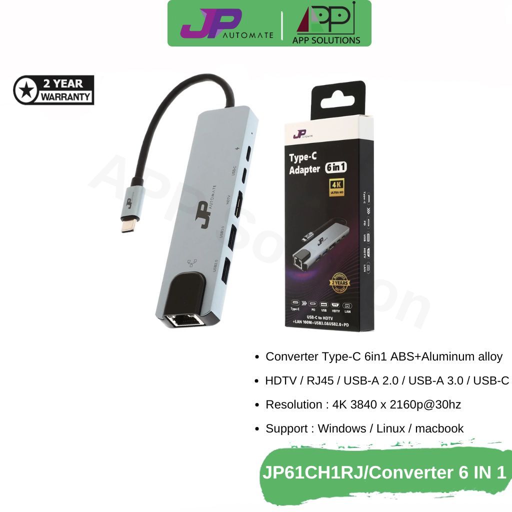 JP AUTOMATE USB-C Converter 6in1 HDTV/RJ45/USB2.0/USB3.0/USB-C รุ่น JP61CH1RJ(ประกัน2ปี)
