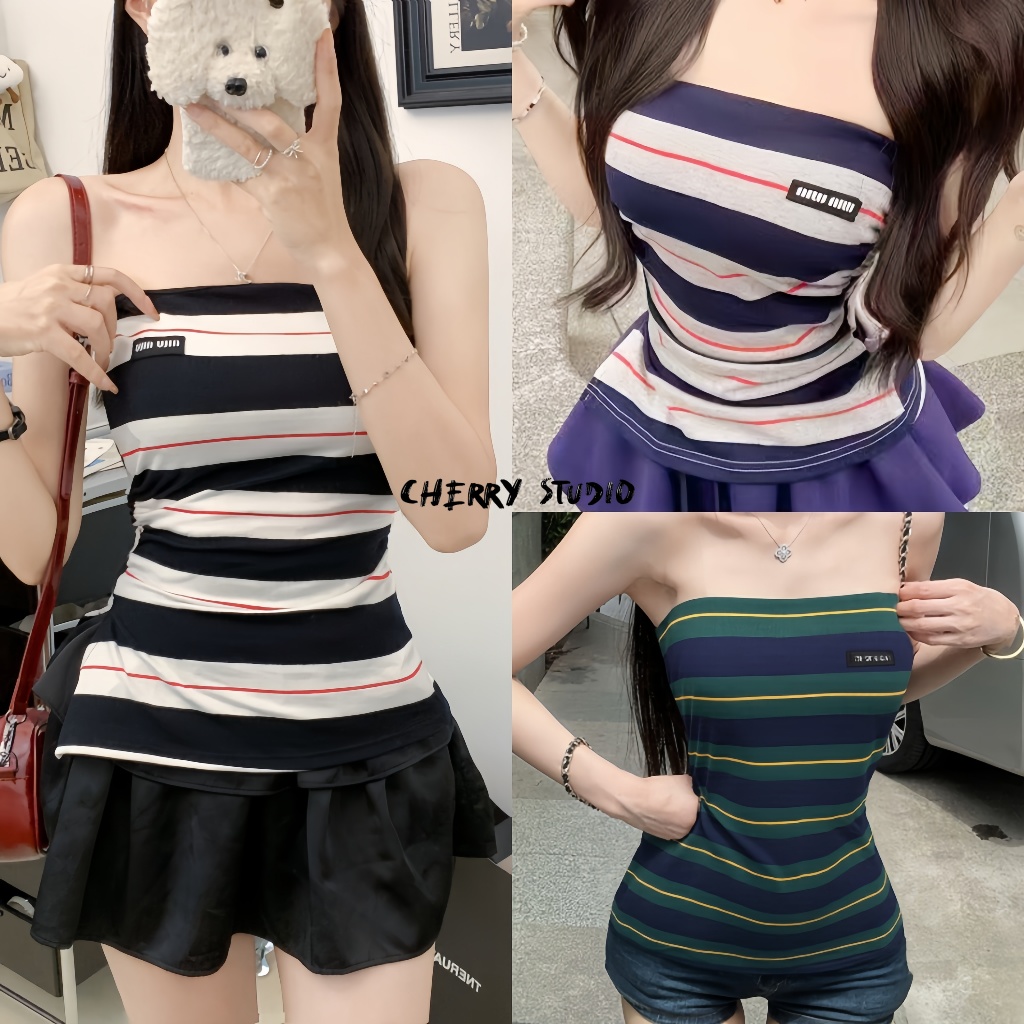 Cherryพร้อมส่ง🍒 เสื้อคอตตอนผู้หญิงแบบสายรัด ไสตล์เรียบง่ายแฟชั่นเซ็กซี่ ชุดชายหาดผ้ายืด ดีไซน์เอกลักษณ์