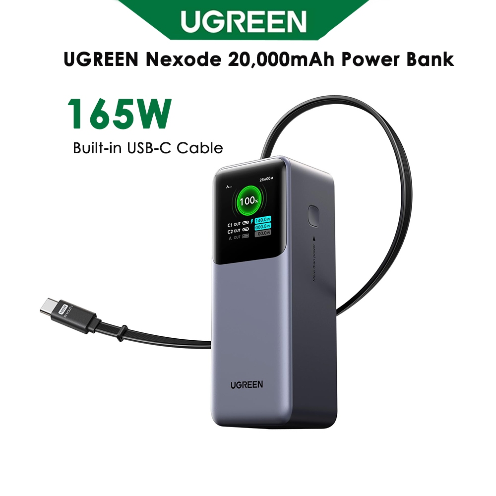 UGREEN Powerbank 20000mAh 165W พอร์ตเร็ว built-inสาย USB-C ชาร์จเร็ว 100W