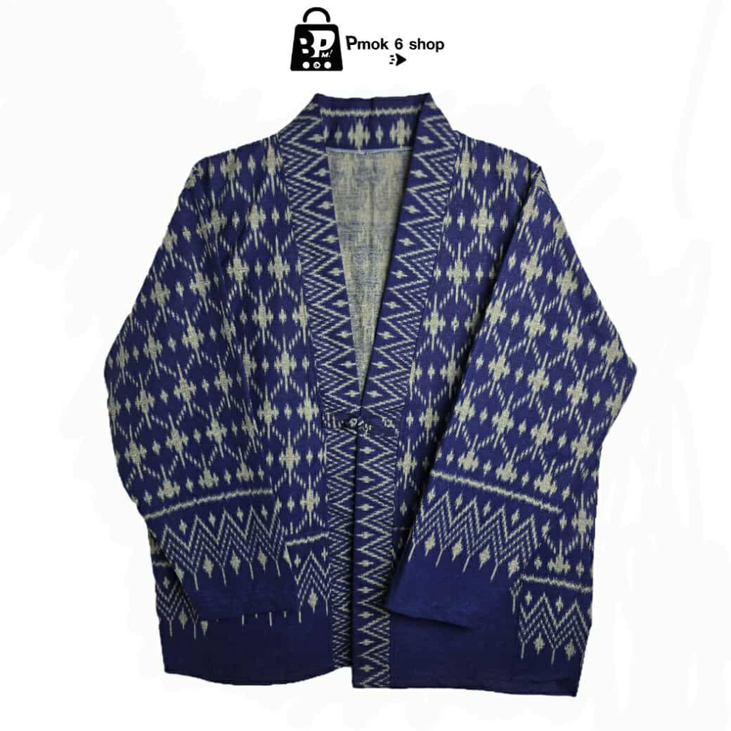 เสื้อคลุมผ้าพื้นเมืองแนวเทศกาลลายไทย น้ำเงิน XL XXL