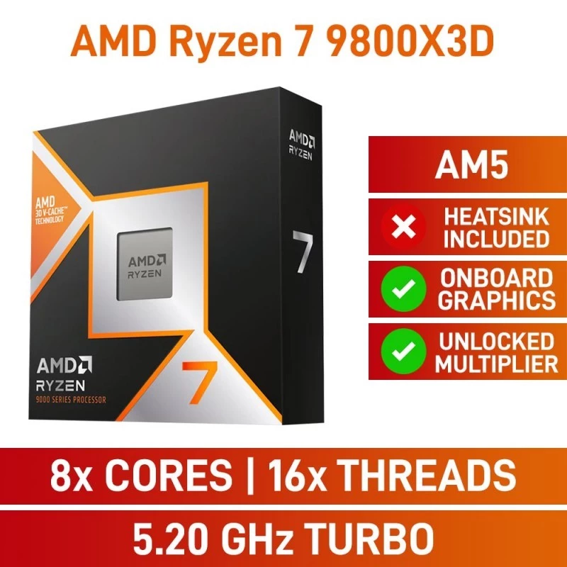 CPU (ซีพียู) AMD RYZEN 7 9800X3D - 8C 16T 4.7-5.2GHz (AMD SOCKET AM5) ซีพียูเกมมิ่ง ประสิทธิภาพสูง