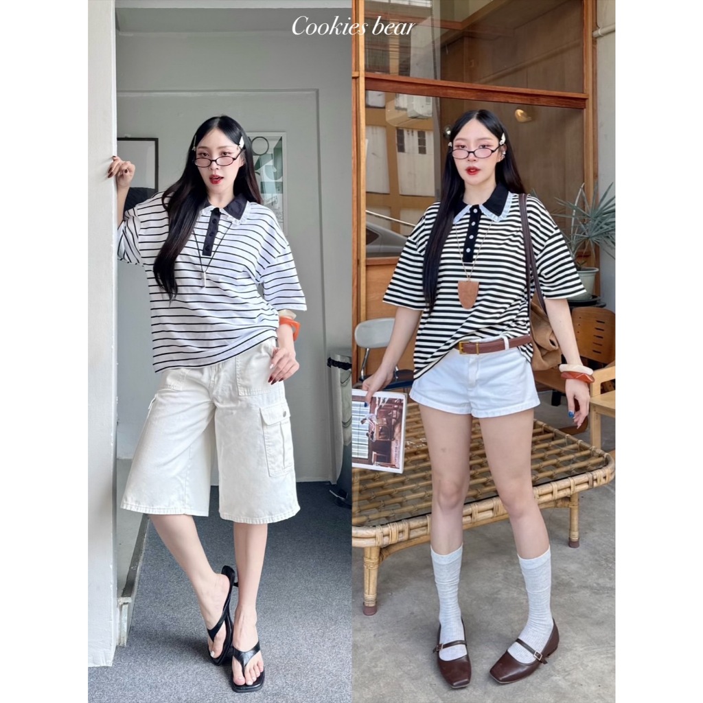 เชิ้ตคอปกโปโลแขนสั้นลายริ้ว ผ้ายืดหนา งานทรงโอเวอร์ไซส์ตัวยาว ปกแต่งลูกไม้ Cookie Bear