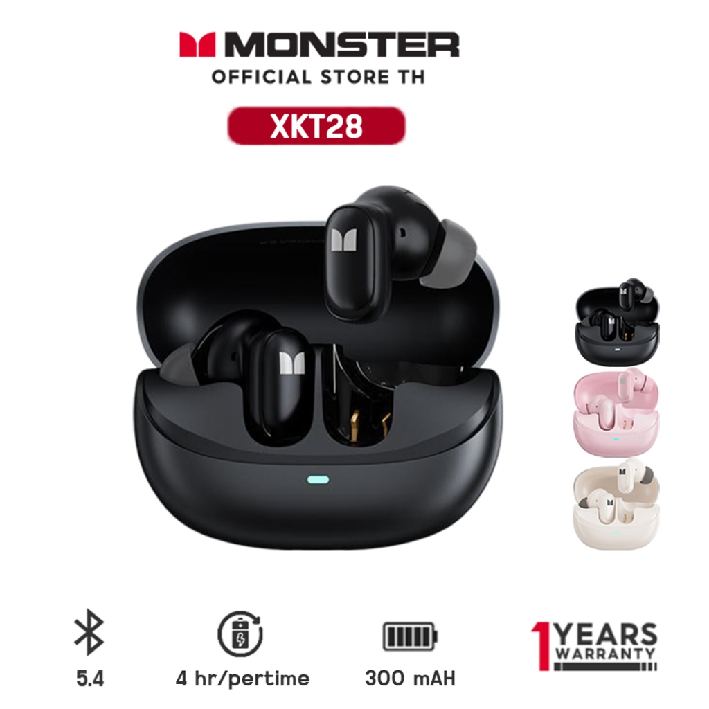 Monster XKT28 BT5.4 หูฟังไร้สาย ฟังเพลง คุยโทรศัพท์เสียงชัด ใช้งานยาว 5-6 ชม รับประกัน 1 ปี