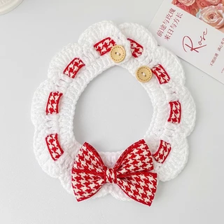 พร้อมส่ง ผ้าพันคอแมว ผ้าพันคอถัก ปลอกคอสัตว์เลี้ยง พิมพ์ลายลูกไม้ ประดับโบว์ สามารถปรับได้