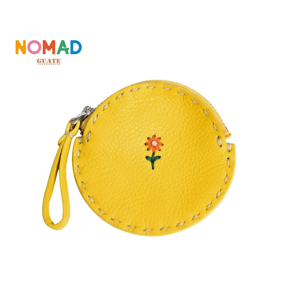 GUATE - Z.Circle-Flower กระเป๋าใส่เหรียญ หนังแท้100% ทรงกลม ขนาดกระทัดรัด พกพาสะดวกใช้งานง่าย ปักดอกไม้ งานHandmade