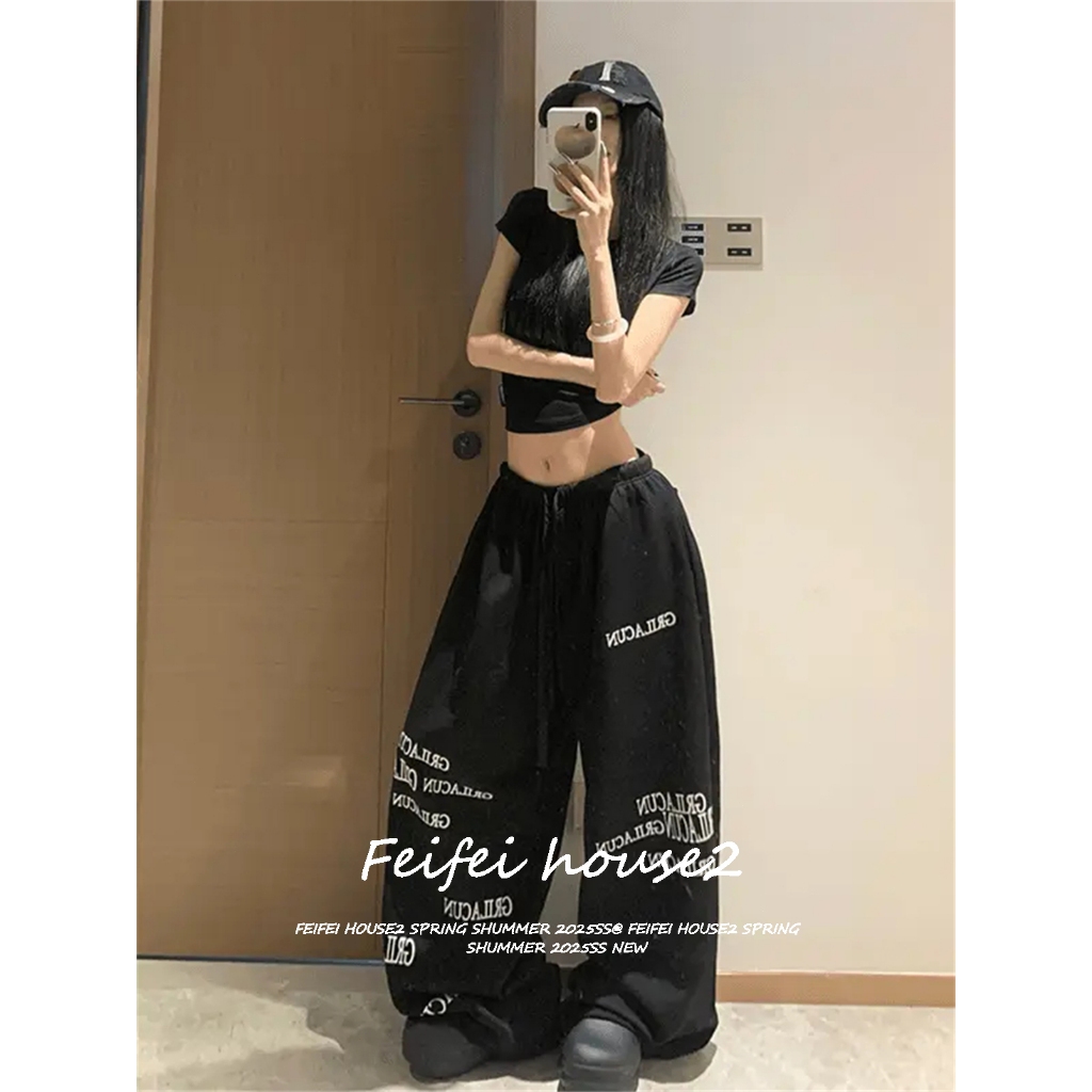[Summer Hip-Hop Letter Print Trousers]กางเกงขากว้างพิมพ์ลายตัวอักษรสไตล์สปอร์ตแจ๊สแดนซ์สำหรับผู้หญิง