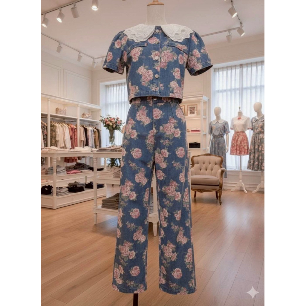 (เอวเล็ก 1 นื้ว แบบจับตึงตรงไซส์) ชุดยีนส์ เสื้อคอปก+กางเกงยีนส์เอวสูง ลายกุหลาบ งานป้าย nt princess