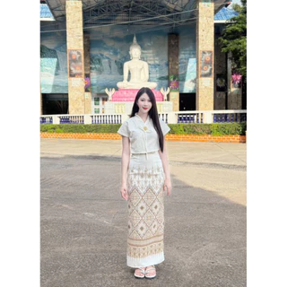 TANTANOD-รหัสTL24 ชุดเซตผ้าไทย เสื้อสไตล์ล้านนา กระโปรง(อัดกาว)ทรงแคบผ่าหลัง(ผ้าฝ้าย)