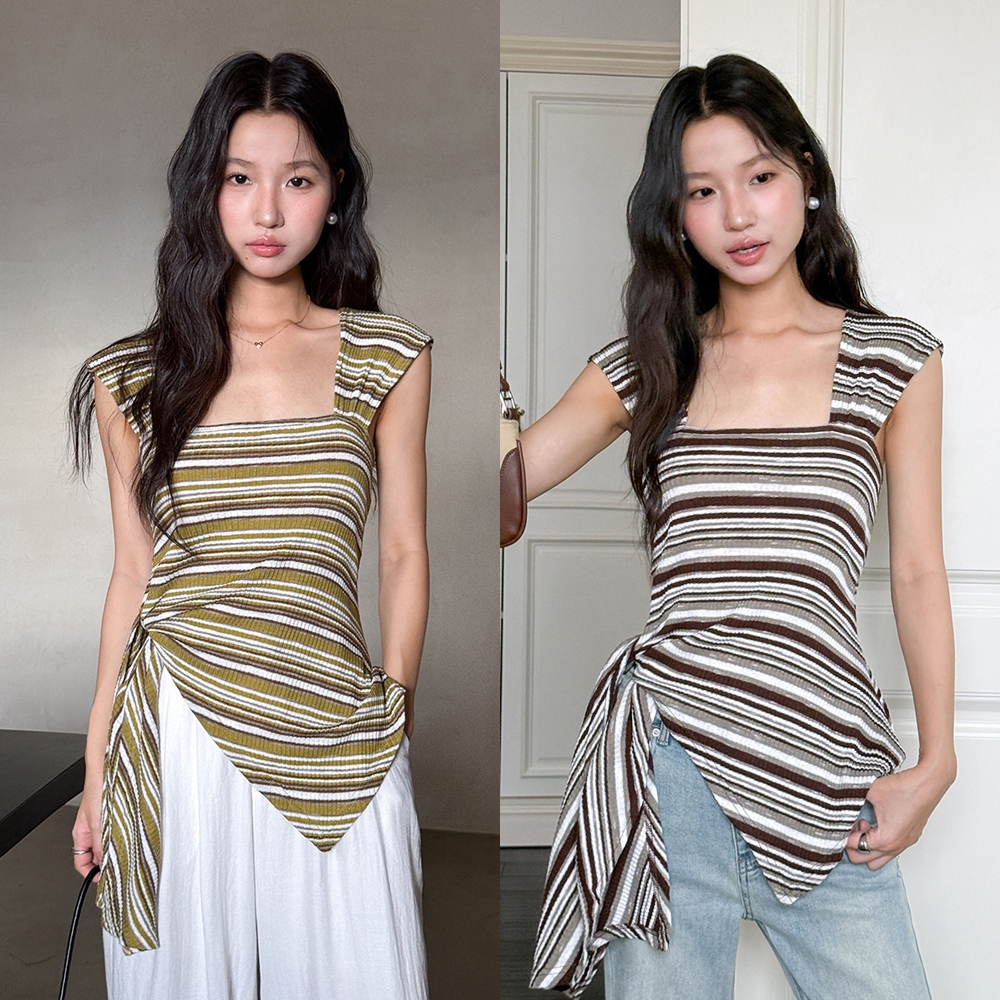 (พร้อมส่ง) Clothestoryy -  Elsie Top เสื้อยืดคอเหลี่ยมผูกข้าง ลายทาง