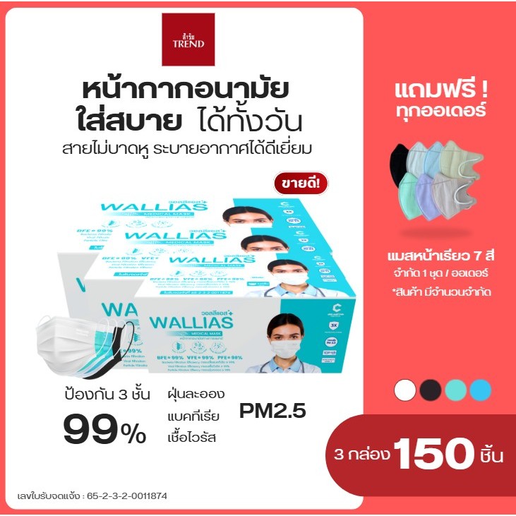 [แบบ3กล่อง!]Wallias วอลลีแอส หน้ากากอนามัยทางการแพทย์ หนา 3 ชั้น กรองแบคทีเรียได้ 99 % กรองฝุ่น PM 2.5 มอก.2424-2565