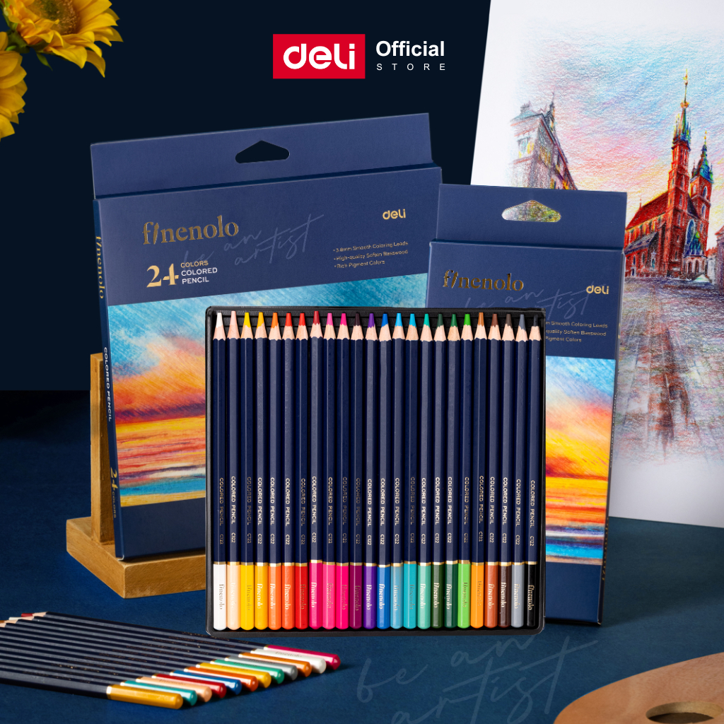 Deli Finenolo ดินสอสีไม้ ระบายน้ำได้ ด้ามจับ 6 เหลี่ยม ชุด 12/24 สี Color Pencils จำหน่าย 1 ชุด