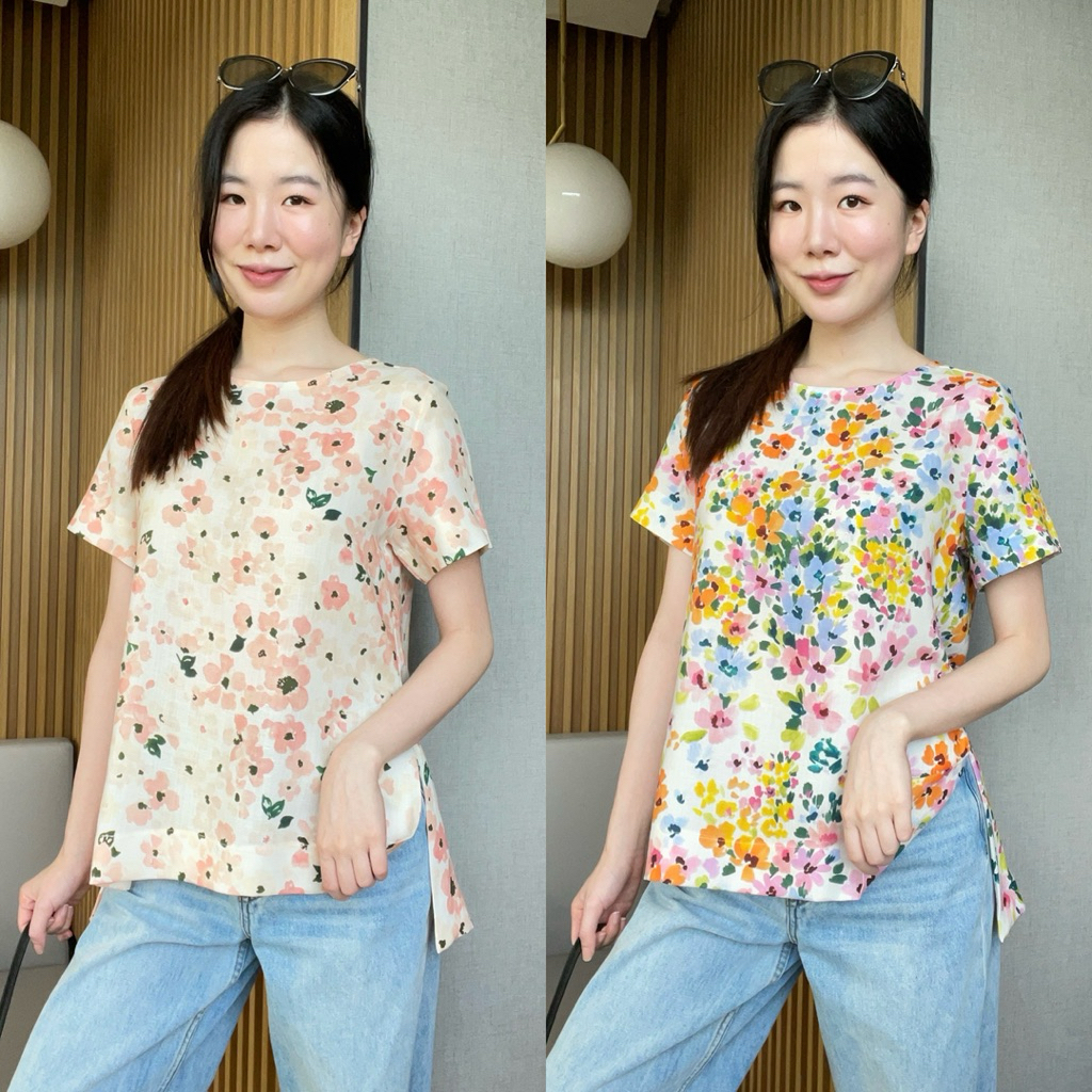 F3เสื้อคอกลมแขนสั้นลินินSILKแบบยาวผ่าข้าง
