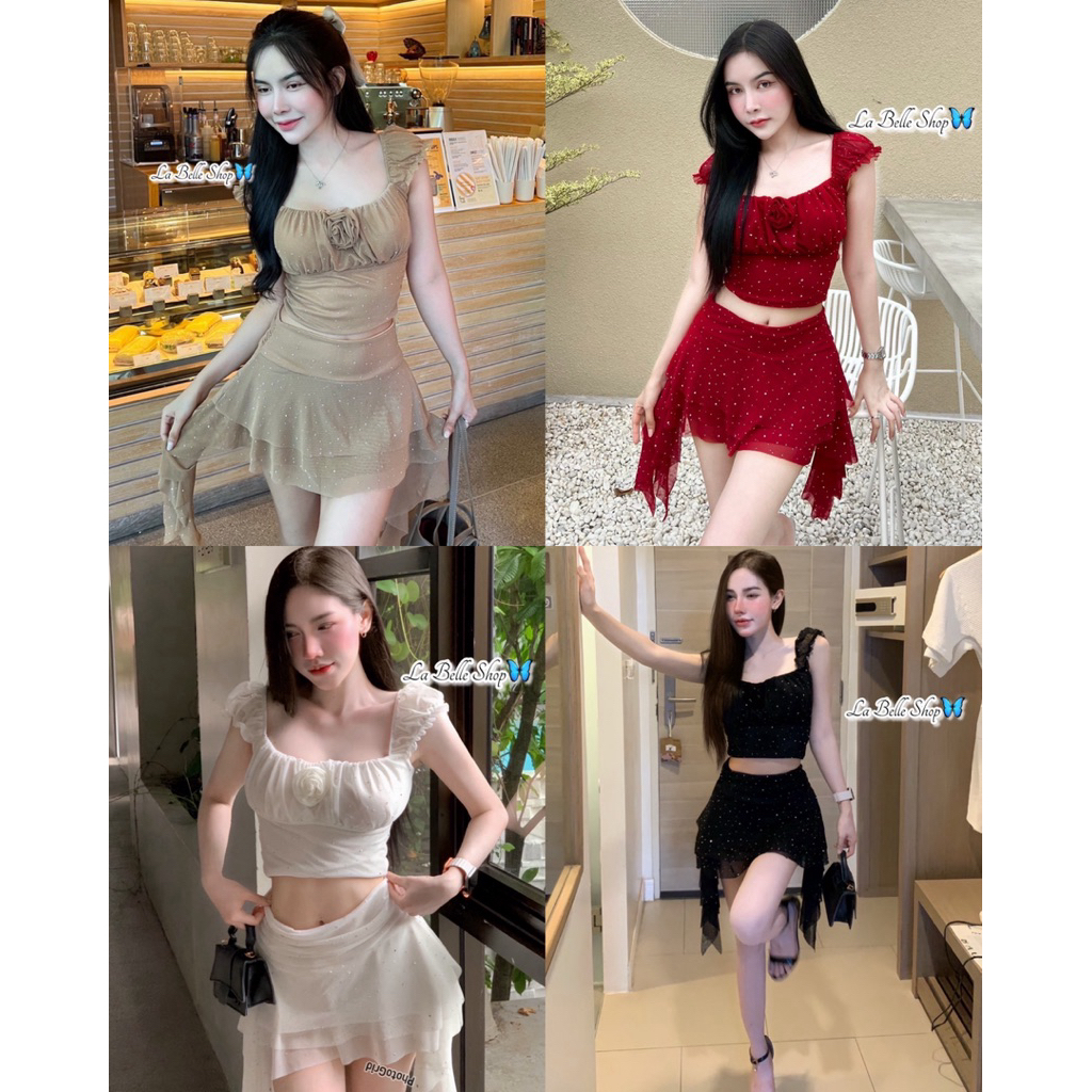 mnv_shop  งานชุดเซต2ชิ้น  ผ้าซีทรู ติดเพชร  มีซับใน   กระโปรงกางเกง+เสื้อ