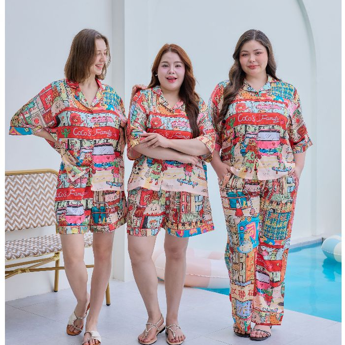 ชุดนอน Muslin Pajamas Silk Satin รุ่น Coco Family (W2176 V2176) | ชุดนอนชุดเที่ยว,ชุดนอนผู้หญิง