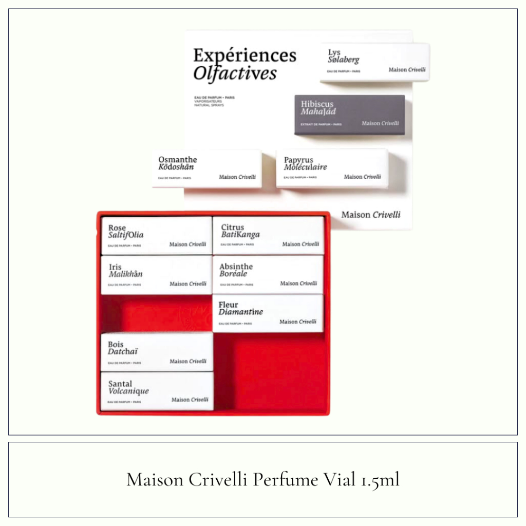 Maison Crivelli Perfume Vial 1.5ml Rose Saltifolia, Lys Sølaberg, Neroli Nasimba, Papyrus