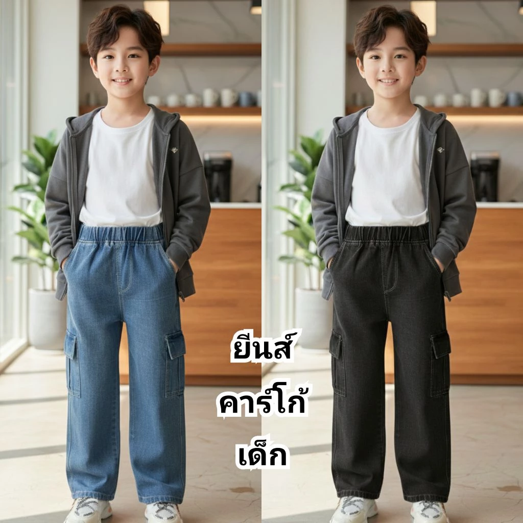 กางเกงยีนส์คาร์โก้เด็ก ขายาว ผ้ายีนส์นิ่ม ใส่สบาย
