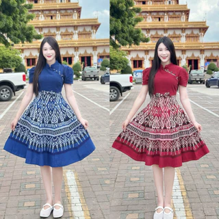 TANTANOD-รหัสTL77 เดรสคอจีนกระโปรงบานแต่งโบว์จิ๋ว