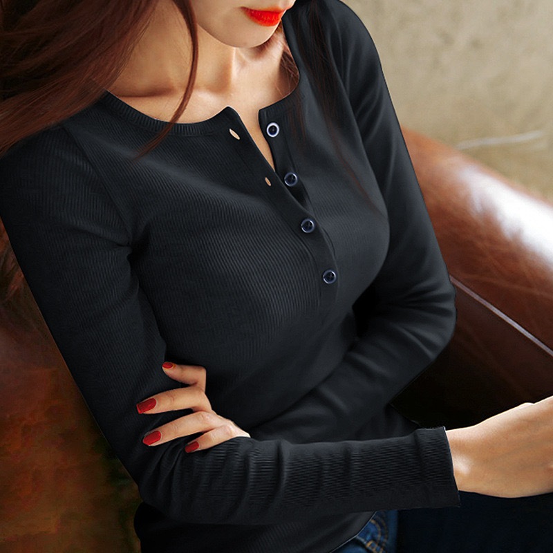 เสื้อยืดแขนยาว สีพื้น ทรงสลิมฟิต เรียบง่าย สำหรับผู้หญิง