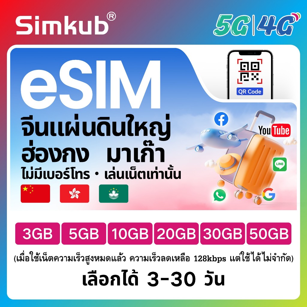 eSIM China&Hong Kong&Macau ใช้ร่วมกัน 3 แห่ง ซิมท่องเที่ยว เน็ต 3-50GB รองรับ 5G/4G เลือกได้ 3-30 วัน