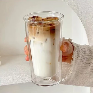 แก้วน้ำ ใส่เครื่องดื่ม ทรงสูง แก้วสองชั้น ใส่กาแฟ ลาเต้ สไตล์เกาหลี ทนความร้อน ใส่ได้ทั้งร้อนเย็น