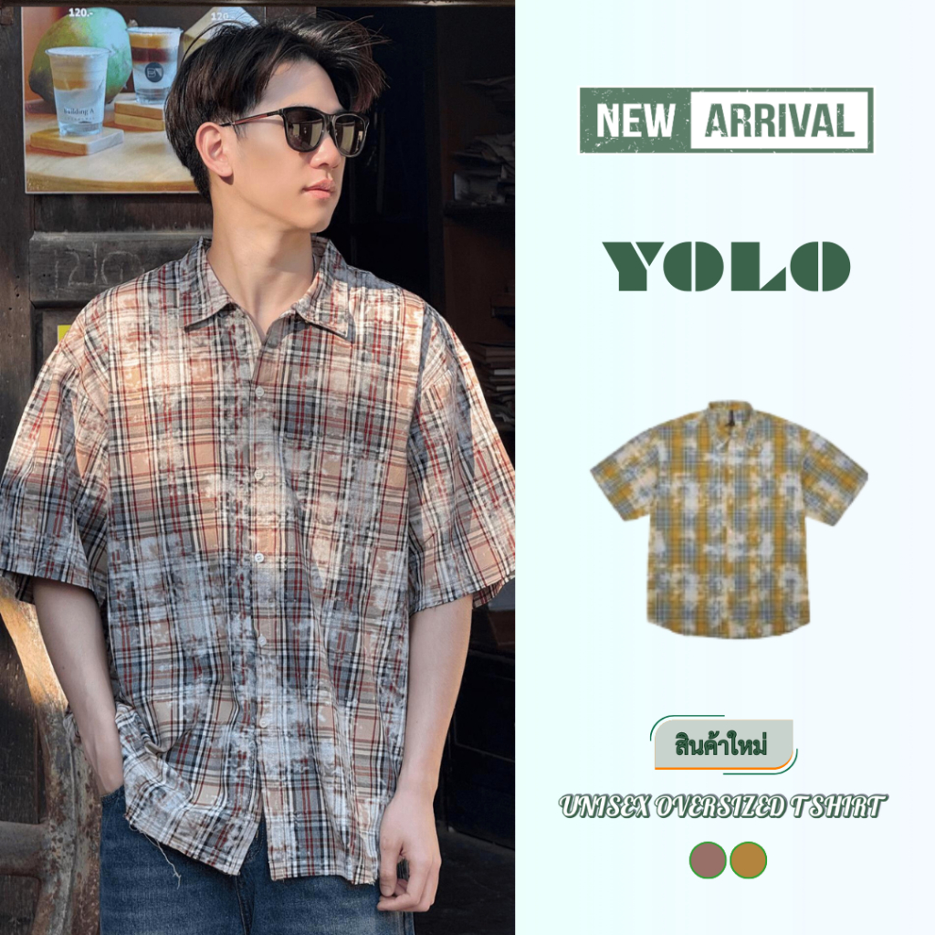 YOLO เสื้อเชิ้ต OVERSIZE เสื้อเชิ้ต เชิ้ตแขนสั้น คอปก แขนสั้น สีพื้น 3997