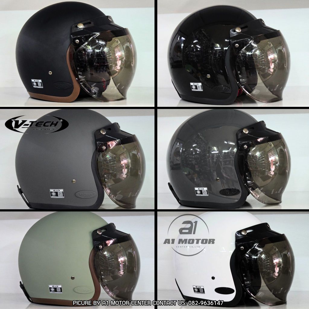 หมวกกันน็อคคลาสสิค วินเทจ V-TECH รุ่น A300 พร้อมชิวทรงบั้บเบิ้ล รอบศีรษะไม่เกิน 57-59 cm มาตรฐาน มอก.