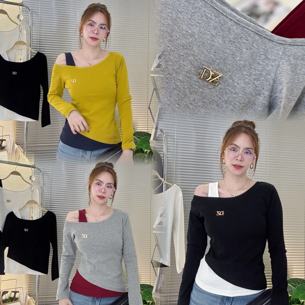 099-100 เสื้อยืดแขนยาว ทูโทนเบี่ยงไหล่ ผ้าCotton supersoft