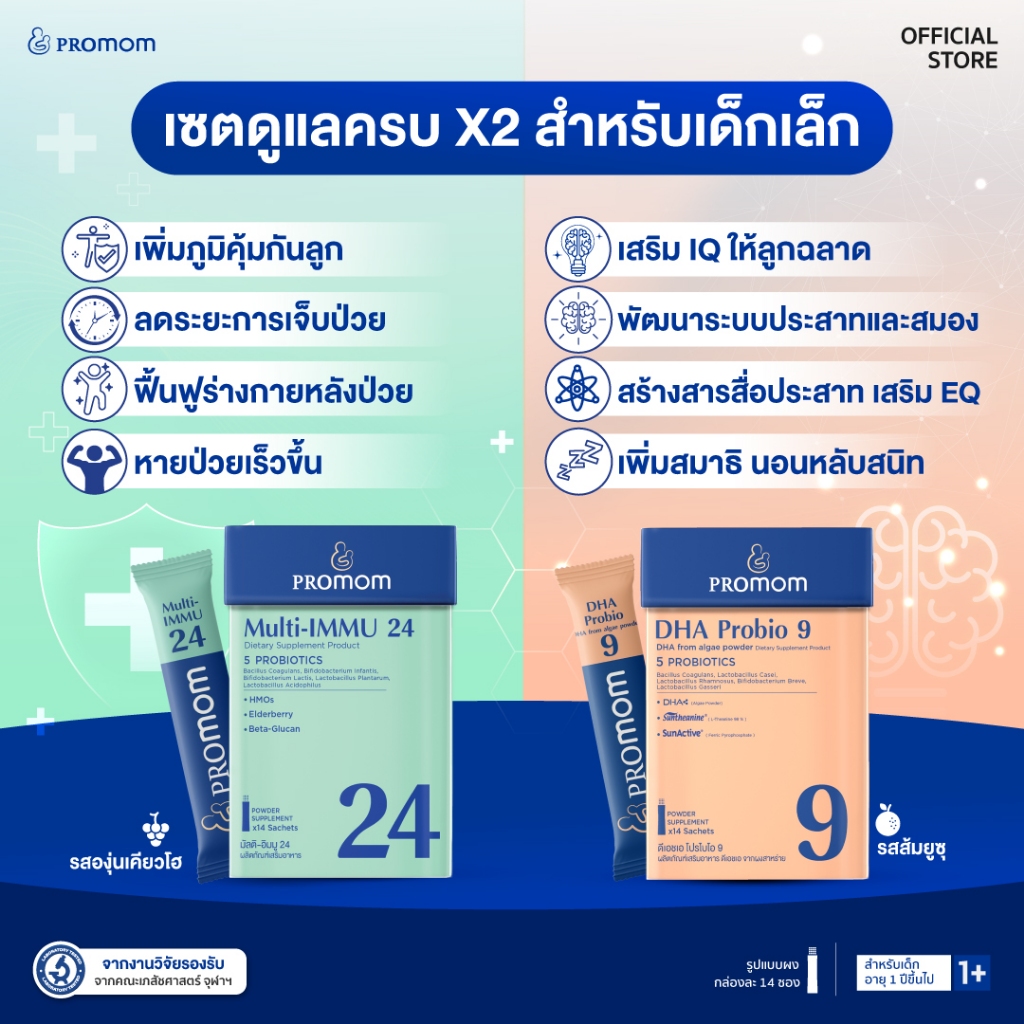 【เซตสุดคุ้ม】Promom DHA Probio 9, Multi-IMMU 24 จำนวนละ 1 กล่อง (รูปแบบผง สำหรับเด็กอายุ 1 ปี+) เสริมภูมิ สมาธิ ความจำ