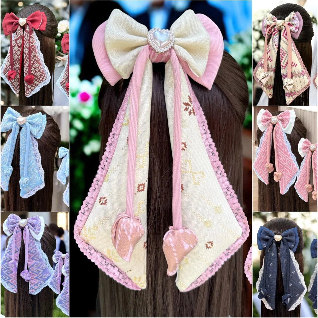 รวมโบว์ผ้าไทยจัมโบ้ โบว์ผ้าไทย แต่งระบายลูกไม้ติดเกสรมุก พร้อมส่งด่วน