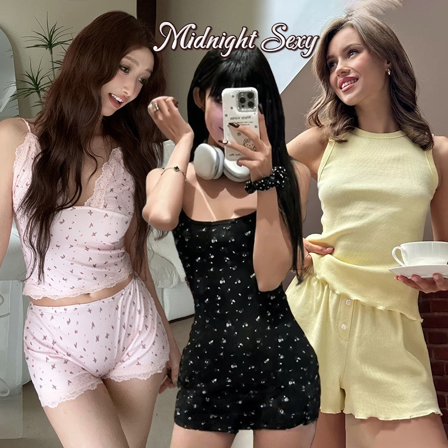 MidnightSexy ชุดนอน ชุดอยู่บ้าน สายเดี่ยว+กางเกง คอวี มาใหม่ นุ่ม heart ลายดอกไม้ ผ้าใส่สบาย 45-65kg