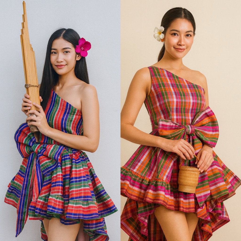 กระโปรงหน้าสั้นหลังยาวผ้าขาวม้าผ้าไทยพร้อมโบสุดเก๋แบรนด์โมเน่Handmadeสไตล์อินเตอร์ สุดแซ่บพร้อมโบว์ชุดออกงาน