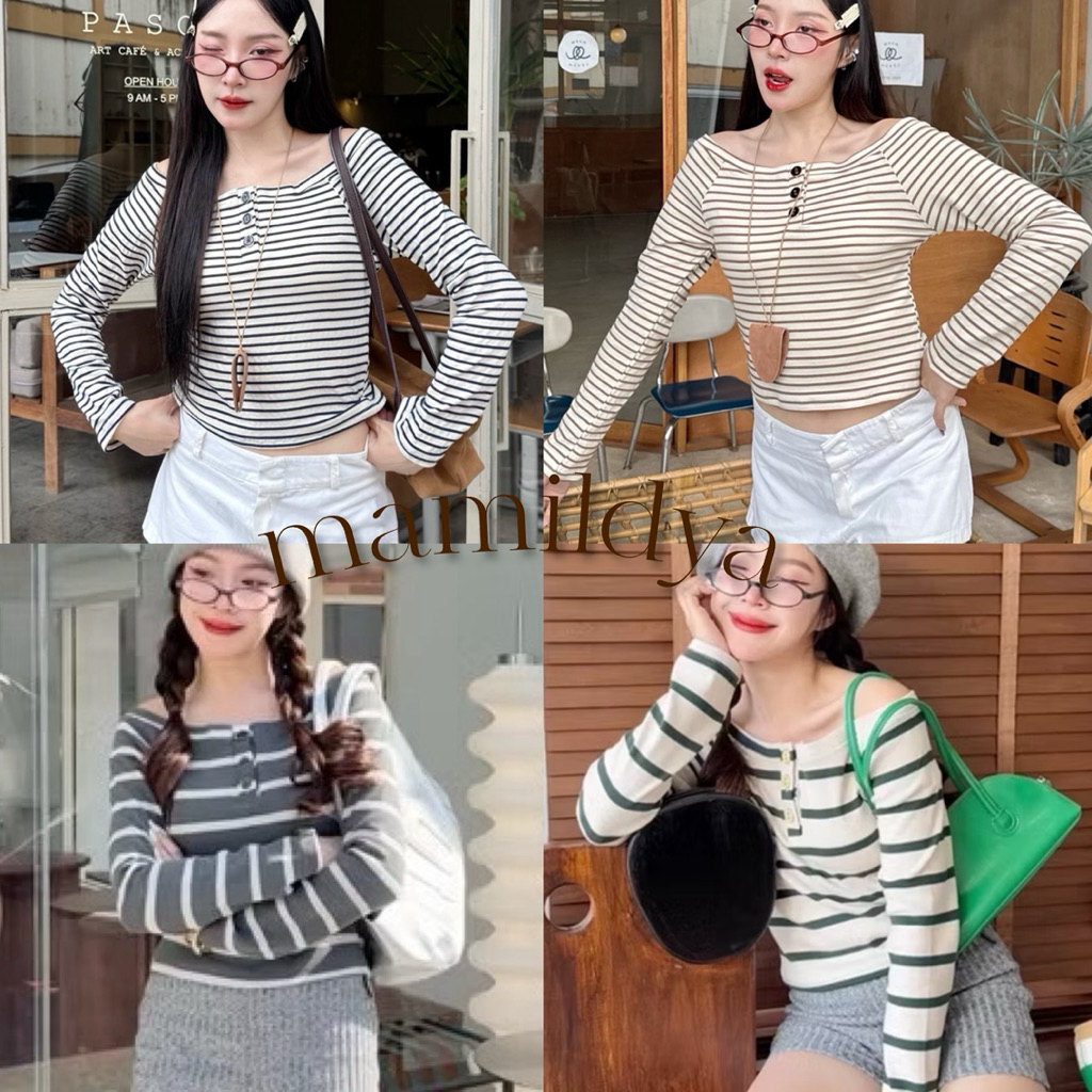 🌟Mamildya.shop🌟 เสื้อปาดไหล่แขนยาวทรงใหม่ ผ้ายูนิโคล่ลายริ้ว/ A3-2/COOK-ปาดยาว⚫