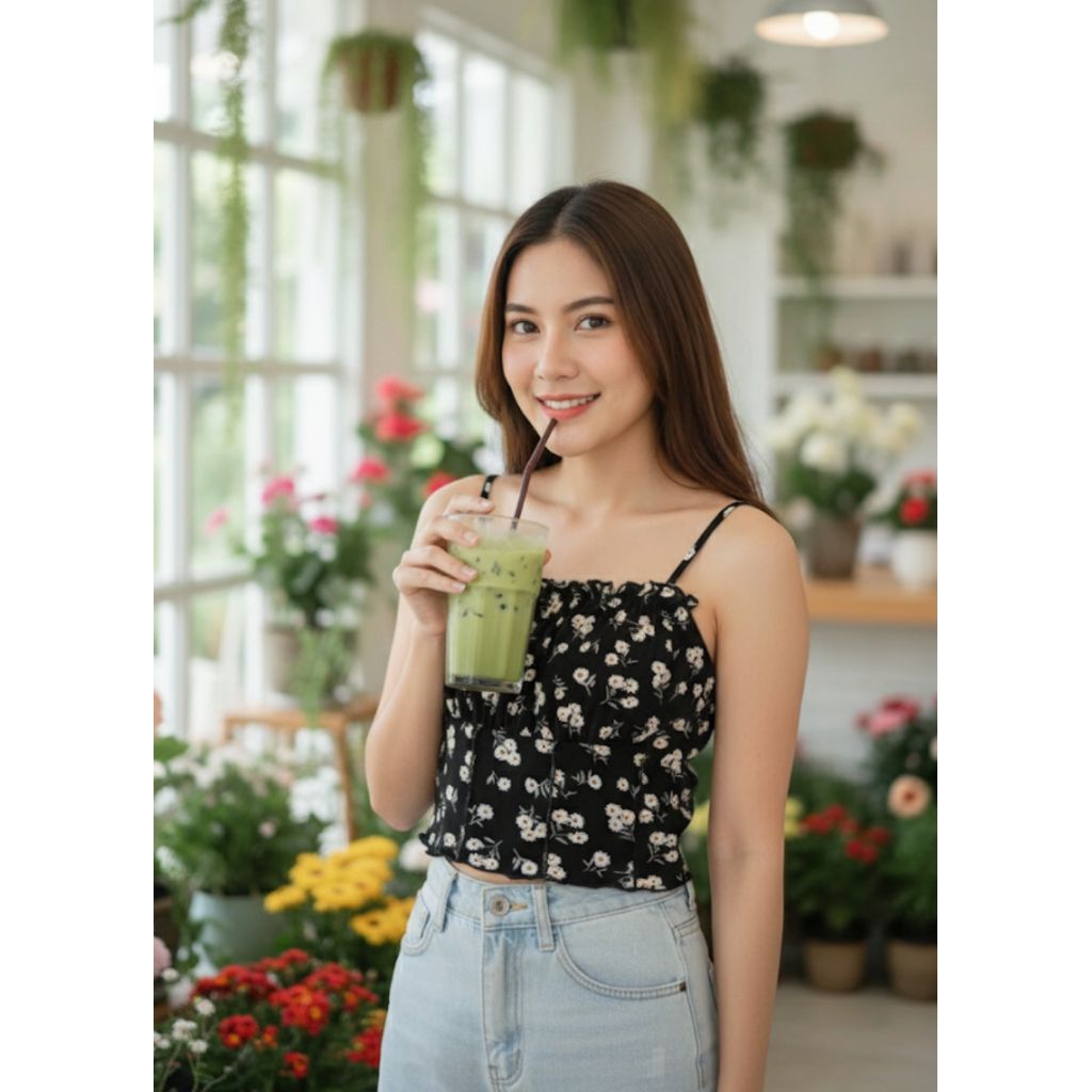 พร้อมส่งจากไทย ครอป เสื้อสายเดี่ยว ท็อป สีดำ ลายดอกไม้ ดอกเดซี่ แต่งจีบย่นที่อก ขอบหยัก ชุดดำ ปีใหม่ New year