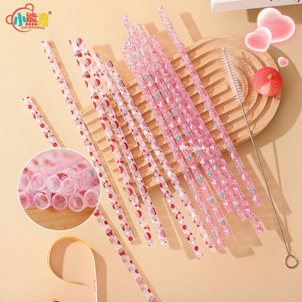 หลอดดูดน้ำ พิมพ์ลายหัวใจ ยาว 23cm ใช้ซ้ำได้ Reusable Plastic Leopard Straws