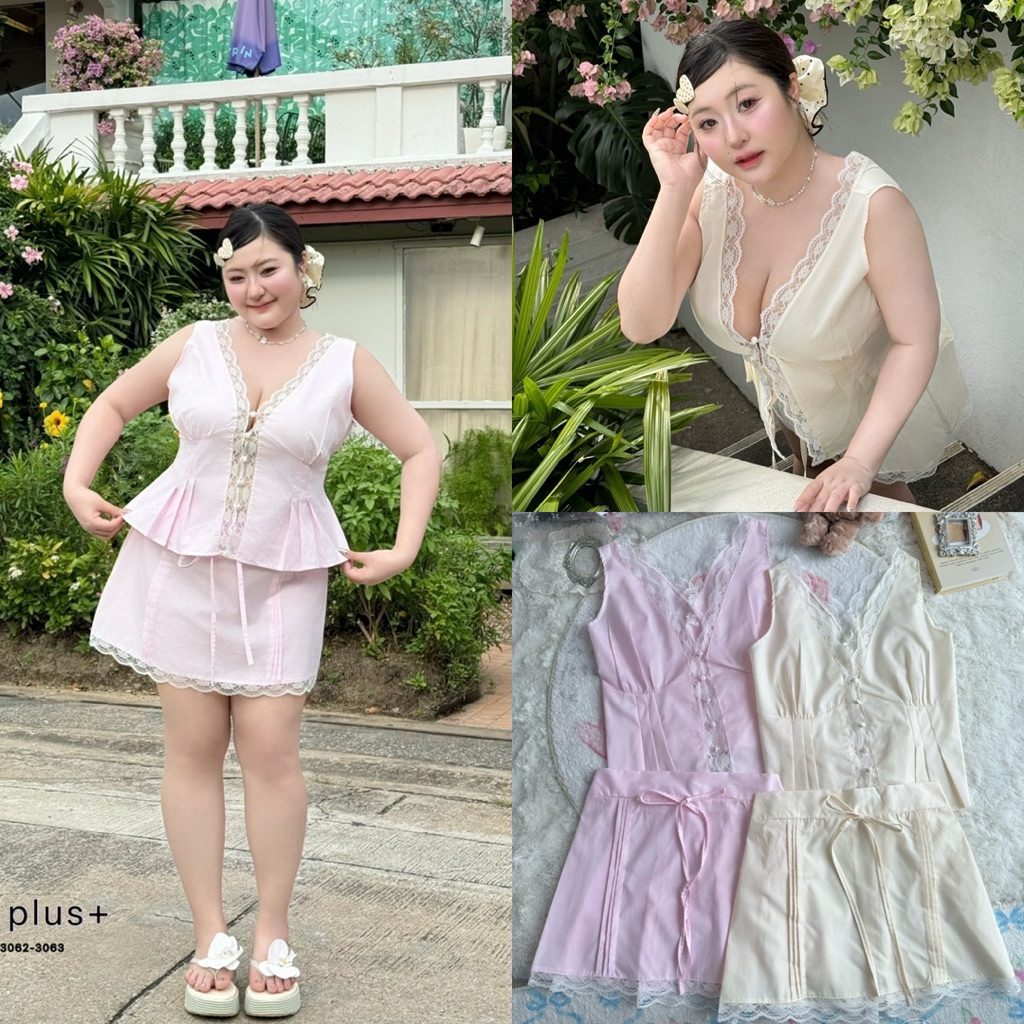/WP/ ชุดเซ็ตสายหวานสาวอวบ มีไซส์อก38-52 เสื้อแต่งทรงอกและขอบลูกไม้+กระโปรงแต่งเข้าเซ็ต โทนสีหวาน เรียบ คุณหนู #พลัสไซส์