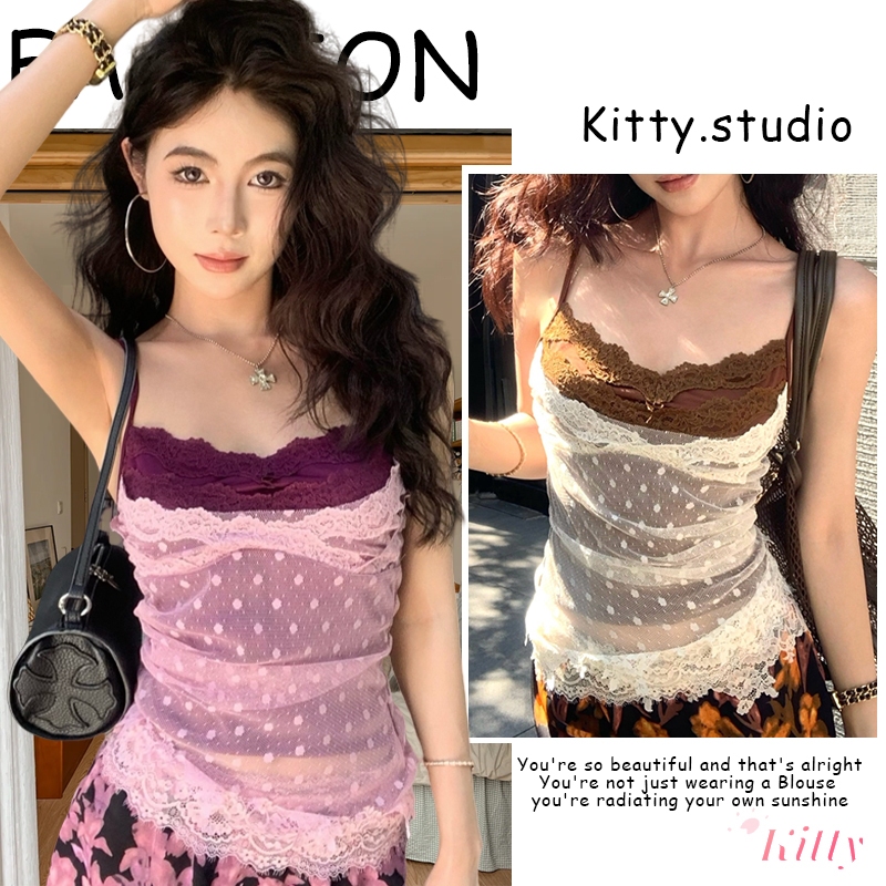 Kitty พร้อมส่ง🌸ลูกไม้เสื้อสายเดี่ยว เปิดหลัง สไตล์ฝรั่งเศส ทรงรัดรูป ตาข่าย เสื้อสายเดี่ยวผู้หญิง แฟชั่นเกาหลีแมทซ์ง่าย