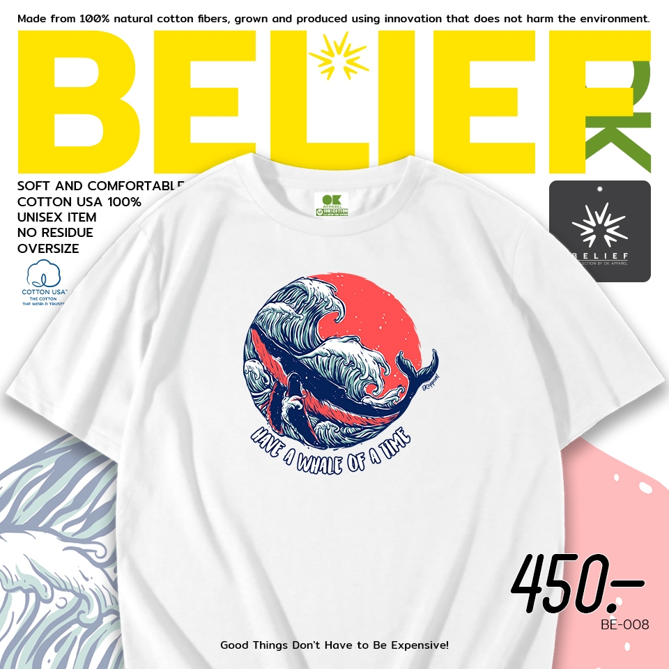 OK Apparel เสื้อยืดคอกลมแขนสั้น ลายวาฬคลื่น BE-008 ผ้าคอตตอนUSA100% OVERSIZE
