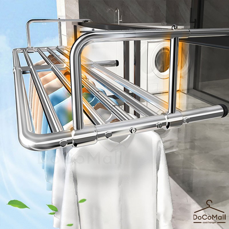 DoCoราวตากผ้า แขวนระเบียง สแตนเลส ตากผ้าระเบียงคอนโด ปรับความยาวได้ 60-160CM พับเก็บได้ ราวตากผ้าสแตนเลส
