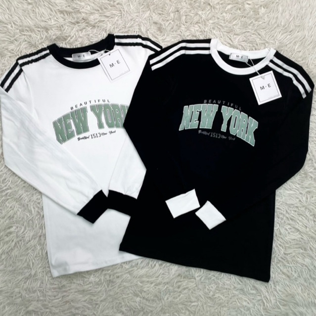 เสื้อยืดคอกลมแขนยาว แต่งแถบ รีดเพชรลาย NEW YORK ป้ายME