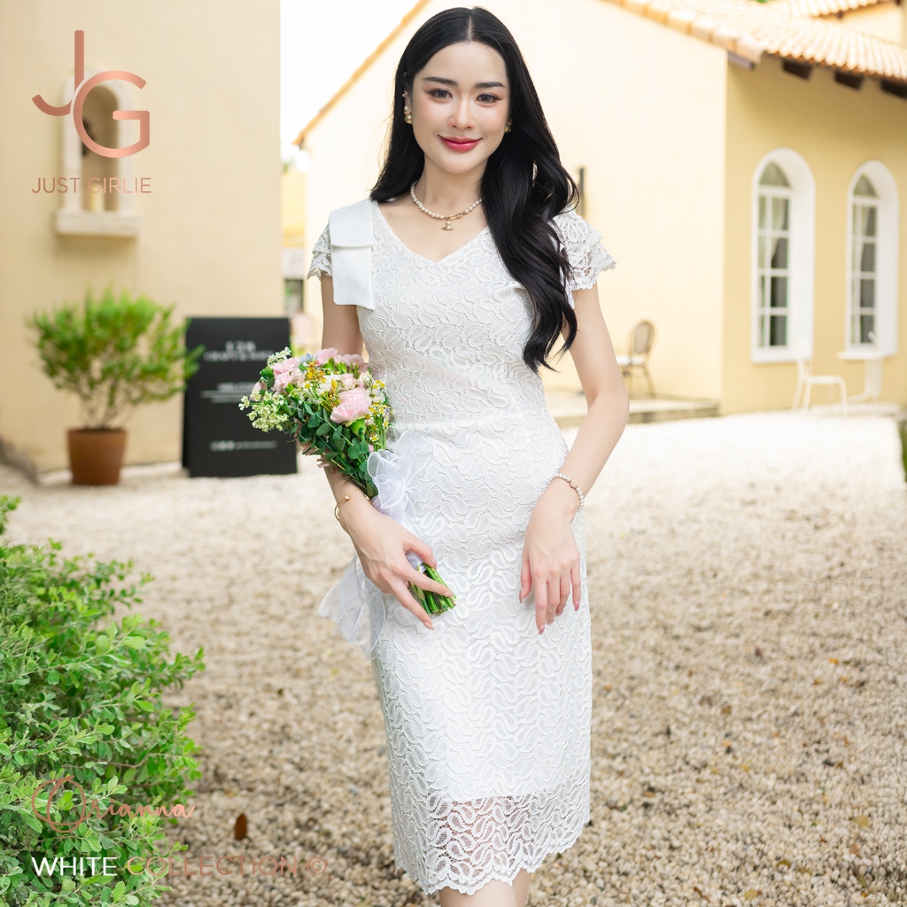 💕Dress Orianna💕ชุดเดรสผ้าลูกไม้สวย ดีไซน์คอวี ติดโบว์ไหล่ พร้อมติดซับในทั้งตัว  เดรสใส่ออกงาน ใส่ทำบุญ มีไซส์ S M L XL