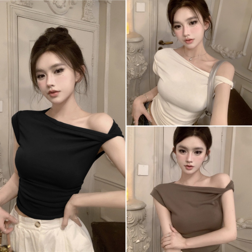 Beryl เสื้อเปิดไหล่เซ็กซี่สำหรับฤดูร้อน ดีไซน์เฉพาะตัว เสื้อยืดแขนสั้นทรงเข้ารูป ผ้าเนื้อนุ่ม ใส่สบายดูผอม