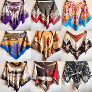 (A)Large square silk scarf ผ้าคลุมไหล่วินเทจ มือหนึ่งมือสองน…