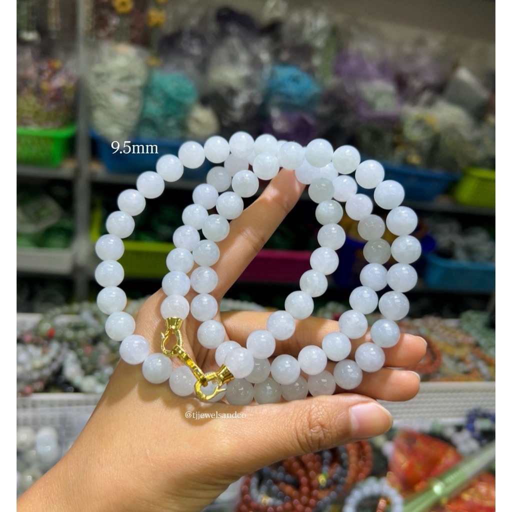 สร้อยคอหยกเจไดต์ Natural Icy Jade เนื้อสวย ขนาด 9.5มิล