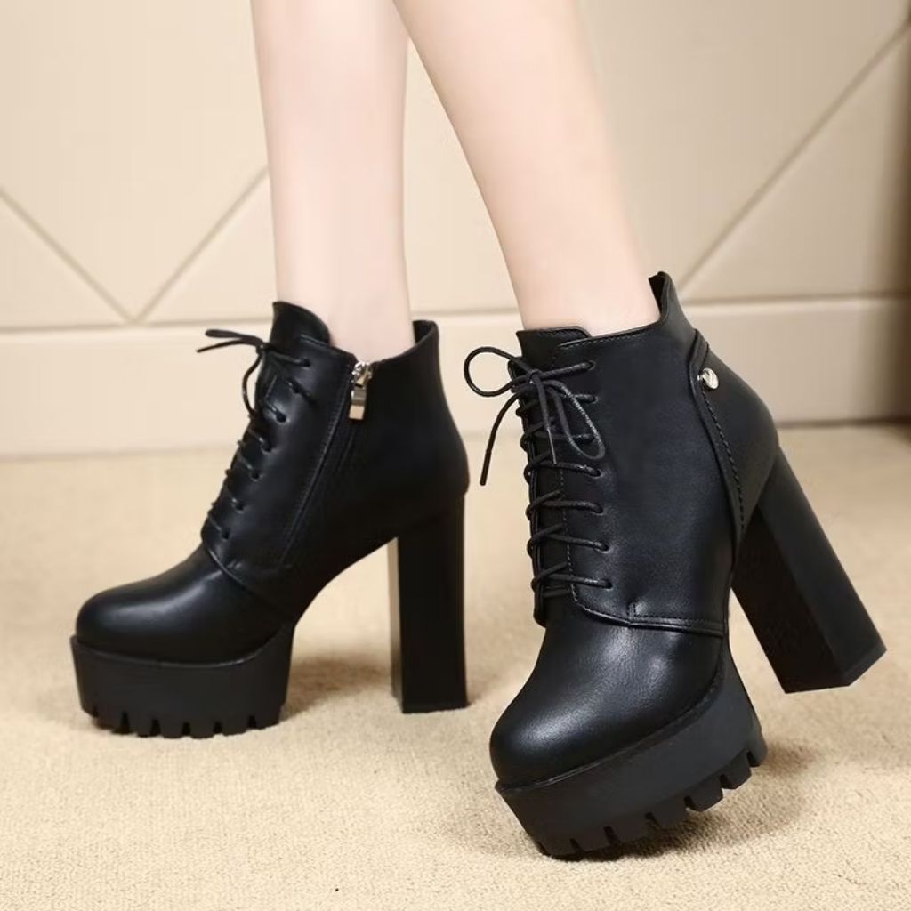 Khawzzส่งเร็ว💨บูทเชือกส้นสูง 12 ซม.(37-42)🚚พร้อมส่งจากกทม💨มีซิปข้าง ใส่ง่าย สไตล์อังกฤษ แมทกับชุดได้ง่าย พื้นหยักกันลื่น