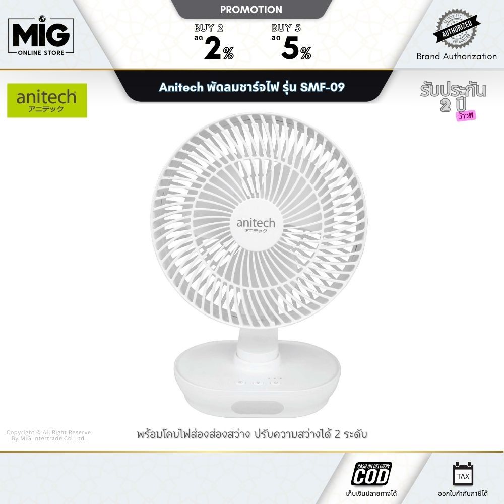 Anitech พัดลมตั้งโต๊ะ พัดลมสีขาว พัดลมชาร์จไฟ รุ่นSMF-09 ปรับแรงลมได้ 3 ระดับ ปรับส่าย ซ้าย-ขวาได้ 1