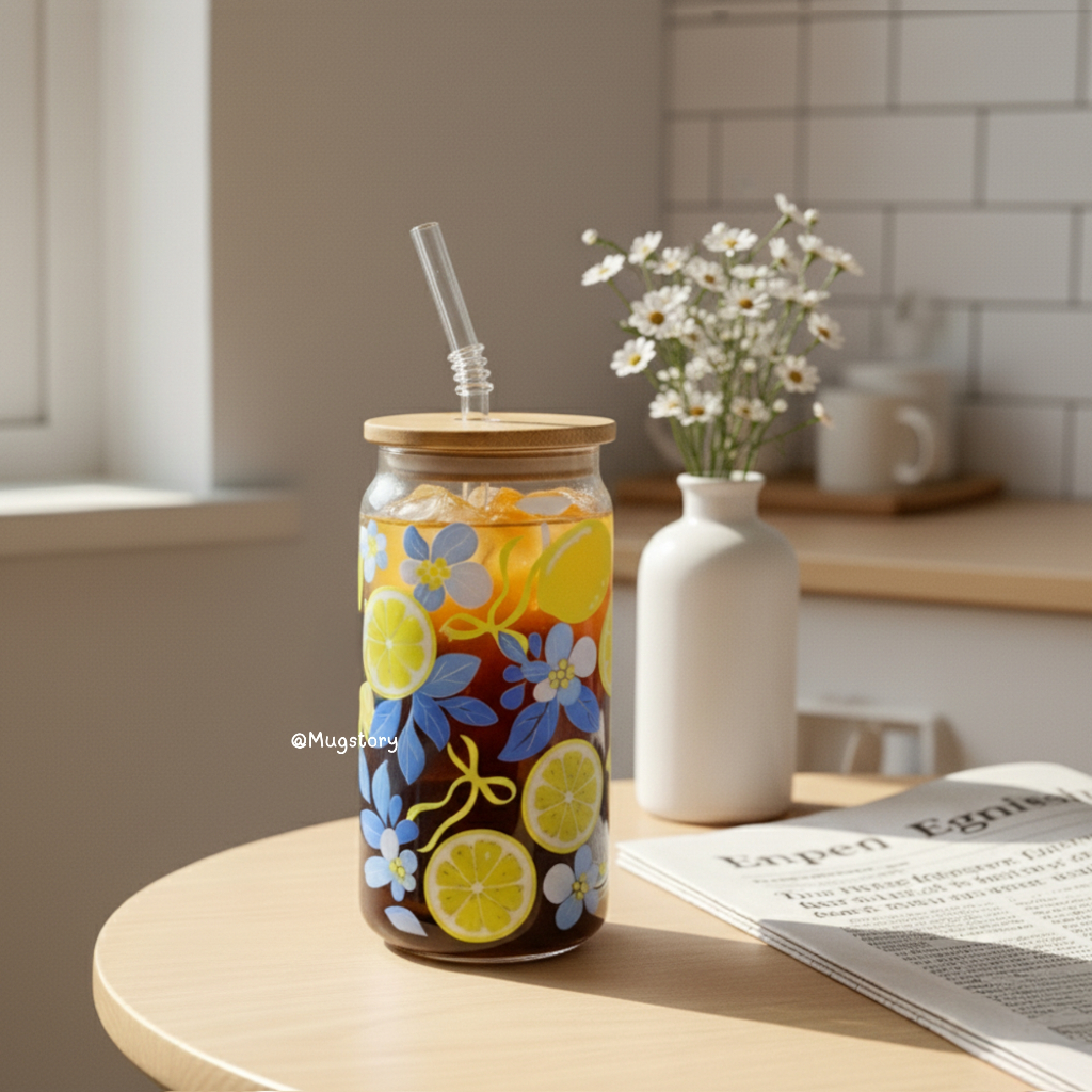 แก้วLibbeyลายเลมอนบลูฟลอรัล ขนาด500ml. พร้อมฝาและหลอด