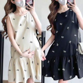 ชุดคลุมท้องเดรสสั้นแขนกุด เดรสสั้นแขนกุดผ้าปักลายโบว์