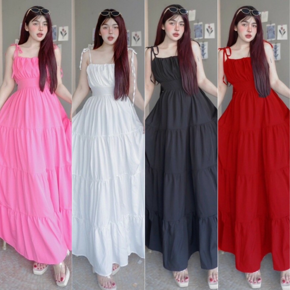 Dress เดรสยาว สายเดี่ยวผูกไหล่ ใส่ยางสม็อคด้านหลัง มีสายผูกเอวและใส่ซิปซ่อนข้าง ผ้าไหมเกาหลี สวยหวาน ใส่ได้ทุกโอกาสคะ
