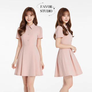 【S-5XL】 มินิเดรส คอปกเชิ้ต โปโล แขนสั้นพัฟ กระดุมหน้า กระโปรงทรงเอ สไตล์หวานสุภาพ ลุคนักเรียนเกาหลี