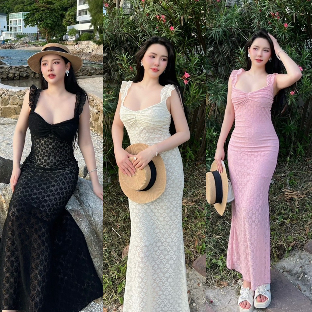 Teera❤️พร้อมส่ง✨เดรสลูกไม้ตาข่ายดอกเดซี่🌼 ผ้าลูกไม้นิ่มยืด ไม่คัน⛱️ ซิปหลัง งานมีซับใน🎀สวยหรู ดูแพงมากค่า goodluck